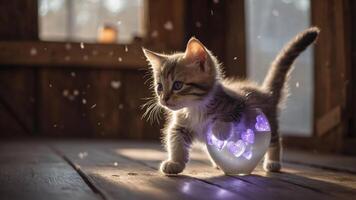 A playful kitten exploring a glowing heart-shaped object in a cozy, rustic setting. photo