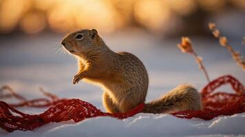 A squirrel stands on snow, surrounded by red lace, illuminated by a warm sunset glow. photo