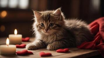 A fluffy kitten surrounded by candles and heart-shaped decorations, creating a cozy atmosphere. photo