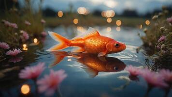 A goldfish swims in a serene pond surrounded by flowers and soft bokeh lights. photo