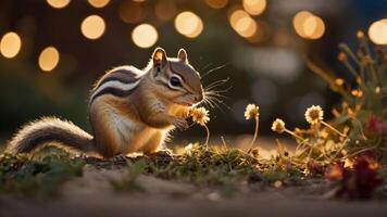 A chipmunk forages for flowers in a softly lit environment, surrounded by bokeh lights. photo