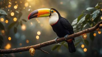 A colorful toucan perched on a branch amidst a blurred, enchanting background. photo