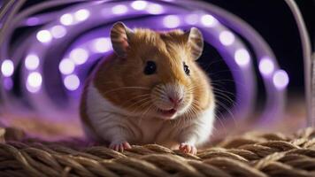 A cute hamster posing on a textured surface with colorful lights in the background. photo
