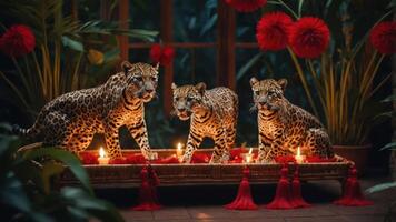 Three leopards posed decoratively with candles and flowers in a lush setting. photo