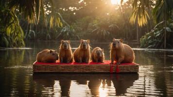 Five capybaras relaxing on a red platform in a serene water setting at sunset. photo