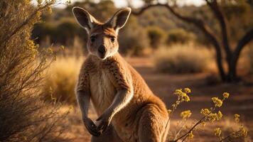 A kangaroo stands in a natural setting, showcasing its unique features in golden light. photo