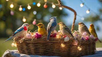 A vibrant scene of colorful birds perched in a decorative basket adorned with lights and flowers. photo