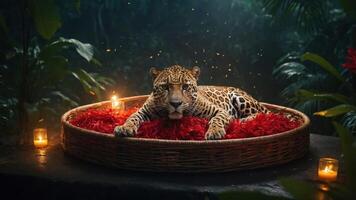 A serene leopard resting on a bed of red petals surrounded by candles in a lush environment. photo