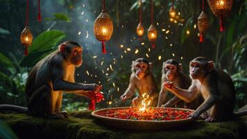 A group of monkeys enjoying a colorful feast in a lush jungle setting. photo