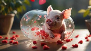A cute piglet playfully emerging from a jar decorated with heart shapes. photo
