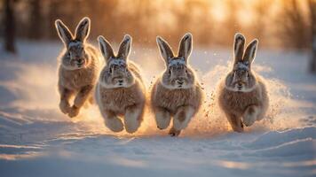 Four rabbits running through snowy terrain at sunset, creating a lively winter scene. photo