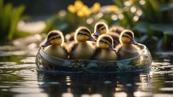 Five ducklings resting in a glass bowl on a serene pond surrounded by greenery. photo