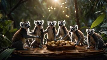 A group of lemurs gathered around a bowl of food in a lush, vibrant jungle setting. photo