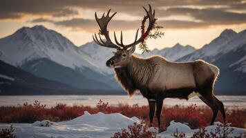 A majestic elk adorned with a wreath stands in a snowy landscape with mountains in the background. photo