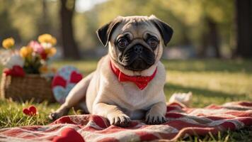 A cute pug with a bow tie relaxing on a picnic blanket surrounded by hearts and flowers. photo