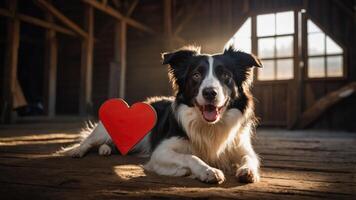 A happy dog lying down with a red heart symbol, creating a warm, affectionate atmosphere. photo
