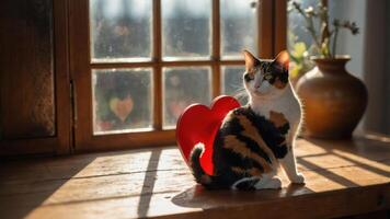 A calico cat sits by a window, framed by a red heart decoration, creating a cozy atmosphere. photo