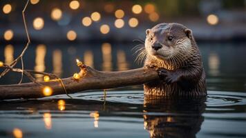 A playful otter holding a branch in a serene water setting adorned with soft lights. photo
