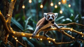 A lemur perched on a branch adorned with fairy lights in a lush environment. photo