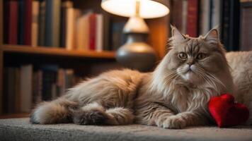 A fluffy cat lounging beside a red heart on a cozy couch with books in the background. photo