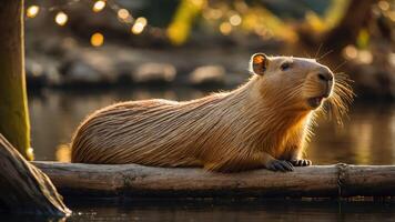 A capybara resting on a log by the water, surrounded by nature. photo
