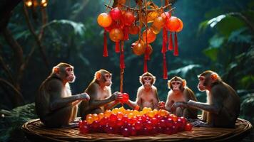 A group of monkeys gathered around a colorful fruit display in a lush forest setting. photo