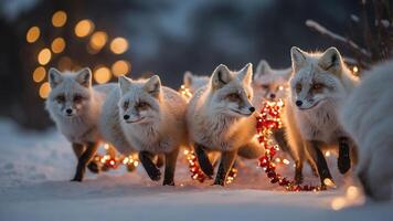 A group of foxes adorned with festive lights walking through snow. photo