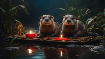 Two otters sit on a raft with candles, surrounded by a serene, natural environment. photo