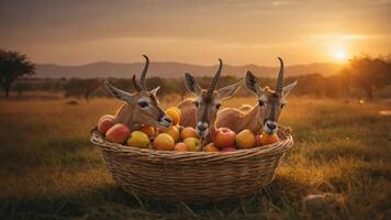 Three antelopes in a basket filled with apples during a sunset in a grassy landscape. photo