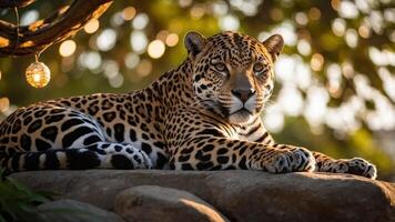 A majestic jaguar resting on a rock, surrounded by a lush, natural environment. photo