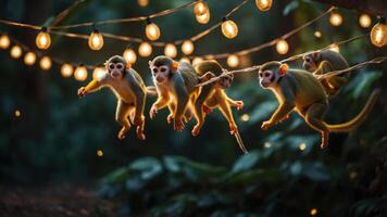 A playful scene of monkeys swinging under glowing lights in a lush environment. photo