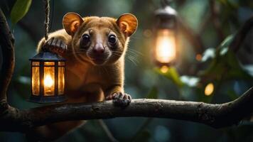 A cute creature holding a lantern on a branch in a dimly lit forest setting. photo
