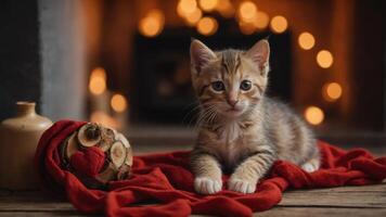 A cute kitten rests on a cozy red blanket with decorative elements in a warm setting. photo