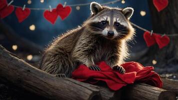 A raccoon sits on a log with a red cloth, surrounded by hearts and soft lights. photo