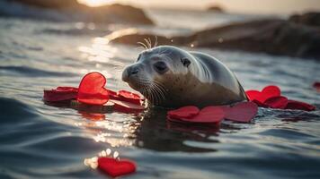 A seal surrounded by red heart-shaped decorations in a serene water setting at sunset. photo