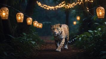 A leopard walks through a forest path adorned with glowing lanterns. photo