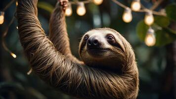 A sloth hanging from a branch, illuminated by warm, glowing lights in a lush environment. photo
