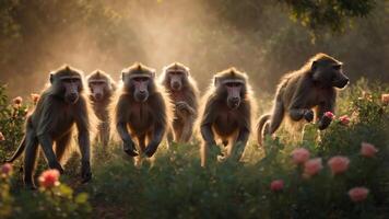 A group of baboons running through a flower-filled landscape at sunrise. photo