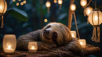 A sloth relaxing among lanterns in a serene, illuminated setting. photo