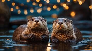 Two otters playfully swimming in a serene setting with twinkling lights in the background. photo