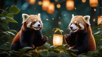 Two red pandas playfully interacting near a glowing lantern in a lush environment. photo