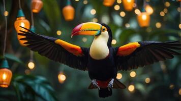 A vibrant toucan in flight, surrounded by warm glowing lights in a lush setting. photo