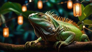 A green iguana perched on a branch surrounded by warm, glowing lanterns in a lush environment. photo