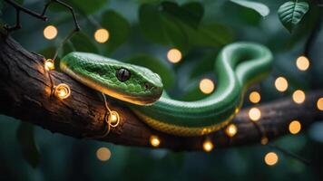 A vibrant green snake resting on a branch adorned with glowing fairy lights. photo