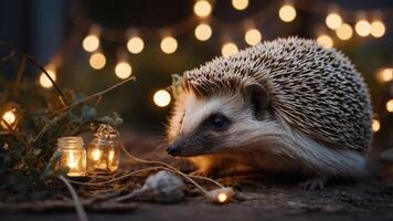 A hedgehog surrounded by twinkling lights and natural elements, creating a cozy atmosphere. photo