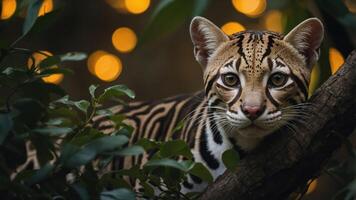 A close-up of an ocelot resting on a tree branch with blurred lights in the background. photo