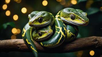Three green tree pythons coiled together on a branch with a blurred background of lights. photo