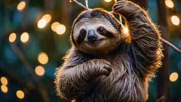 A sloth hanging from a branch with twinkling lights in the background. photo