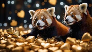 Two red pandas play among golden heart-shaped objects, creating a whimsical atmosphere. photo