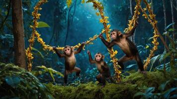 Three playful monkeys interacting with vines in a lush forest setting. photo